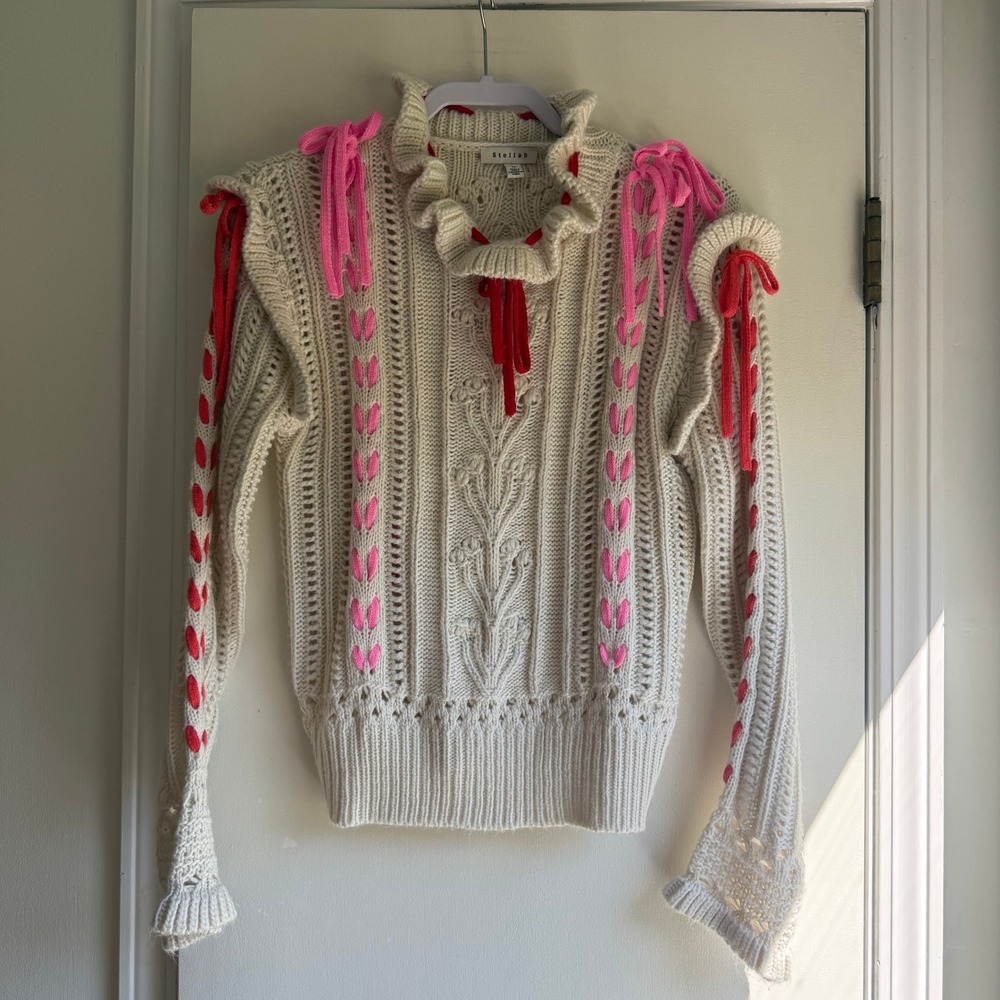 Stellah Cream Cable Knit Ruffle Neck Sweater Pink Red Ribbon Lace Up Medium